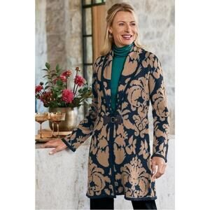 Soft Surroundings D’Orsay Long Cardigan Wool Blend Jacquard Duster Sweater P L